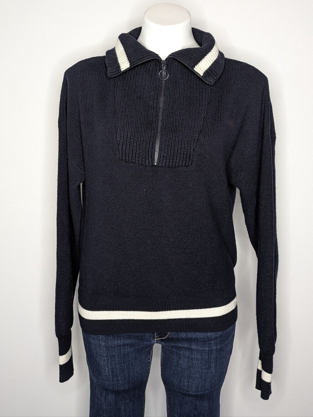 Sweaty Betty Modern Half Zip Navy Blue White Wool Cotton Sweater M